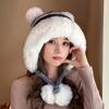 Милая толстая шерстяная шапка-шар для зимнего тепла и защиты от холода, большая окружность головы, плюшевая шапка с четырьмя защитными ушами, вязаная шапка