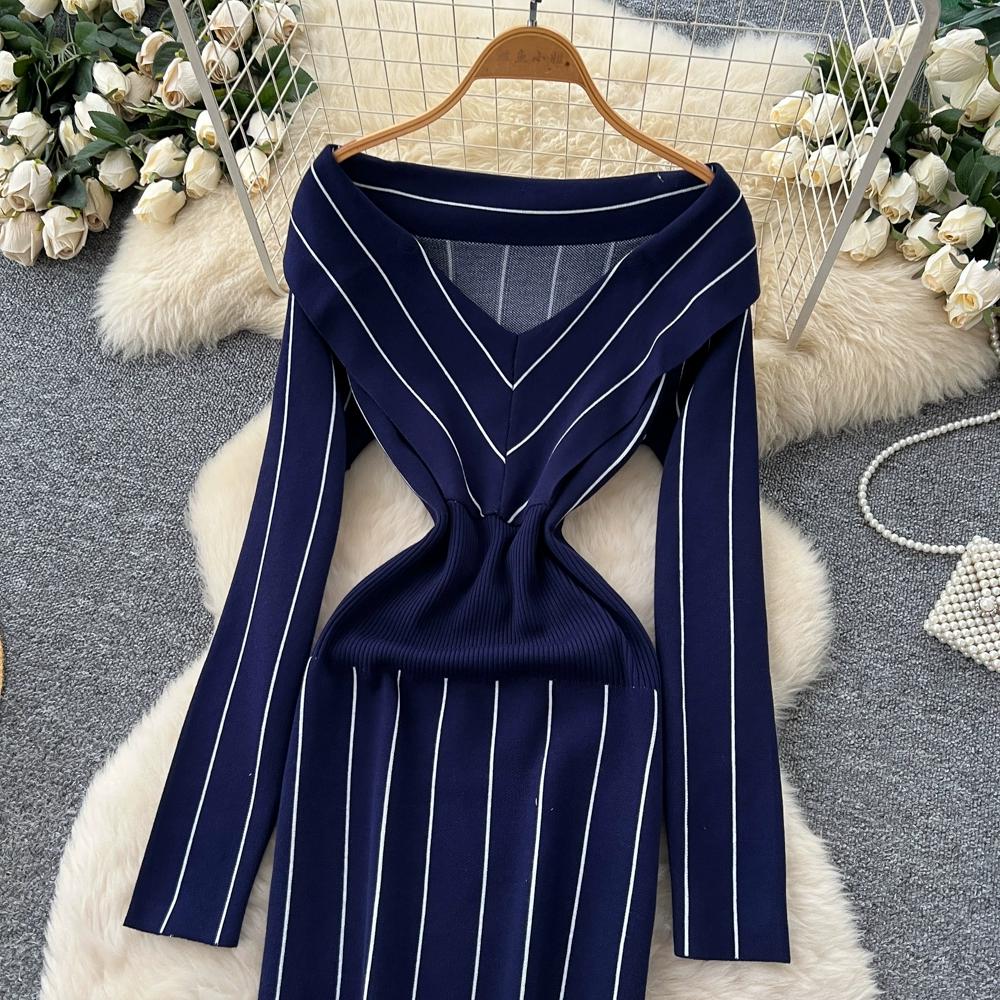 Осень Зима Женский Повседневный Вязаный Свитер с V-образным вырезом и длинным рукавом в полоску, Облегающее Платье-футляр