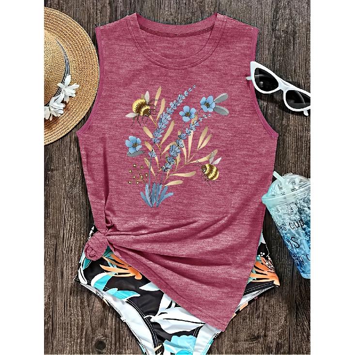 2026 Loose Round Neck Blue Floral Bee Print Women Sleeveless Vest Breathable Stretch Machine Washable Casual Summer Tank Top