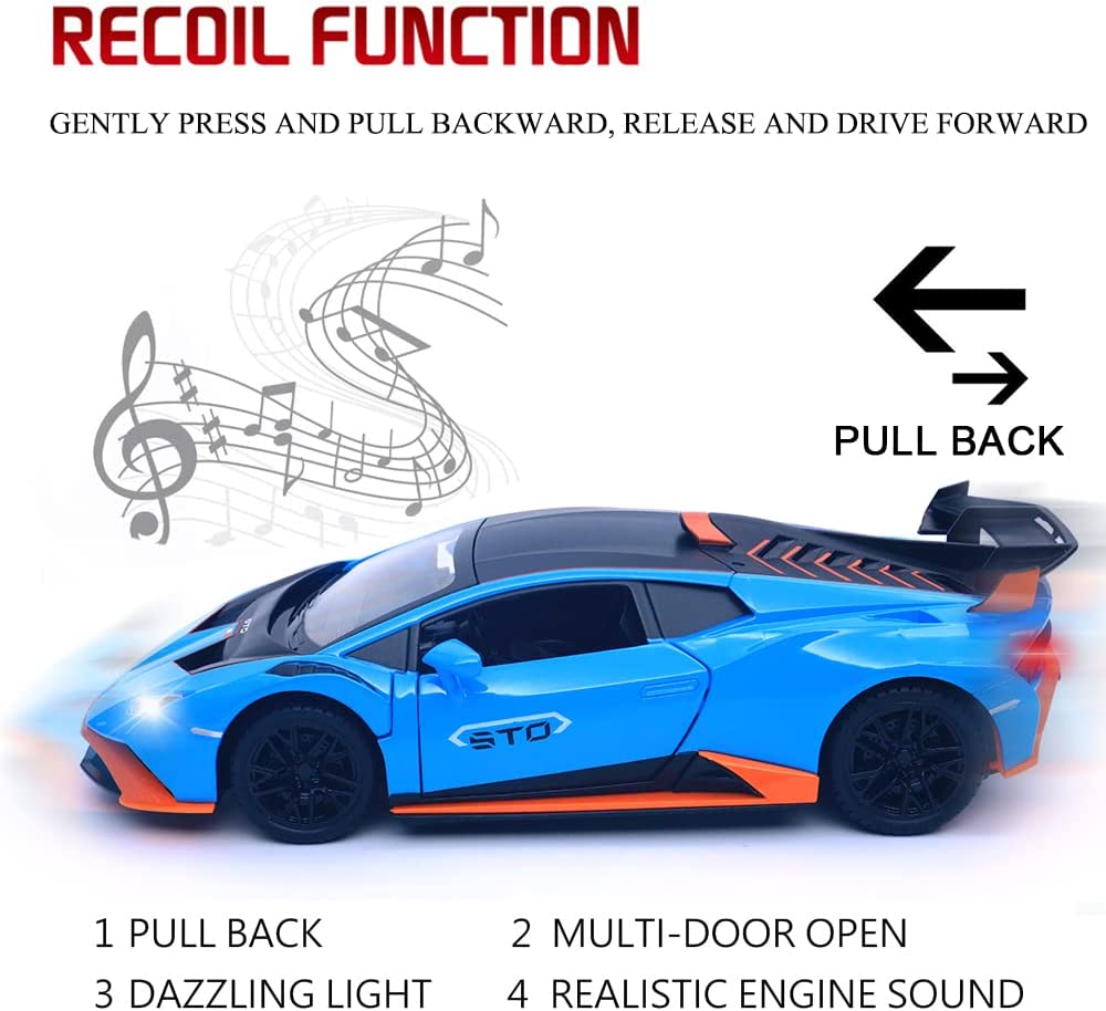 1:24-масштабная литая под давлением модель автомобиля из сплава для Lambo Huracan STO 2021, модель автомобиля с откатным механизмом, игрушечные автомобили со светом и звуком для коллекции для детей и взрослых