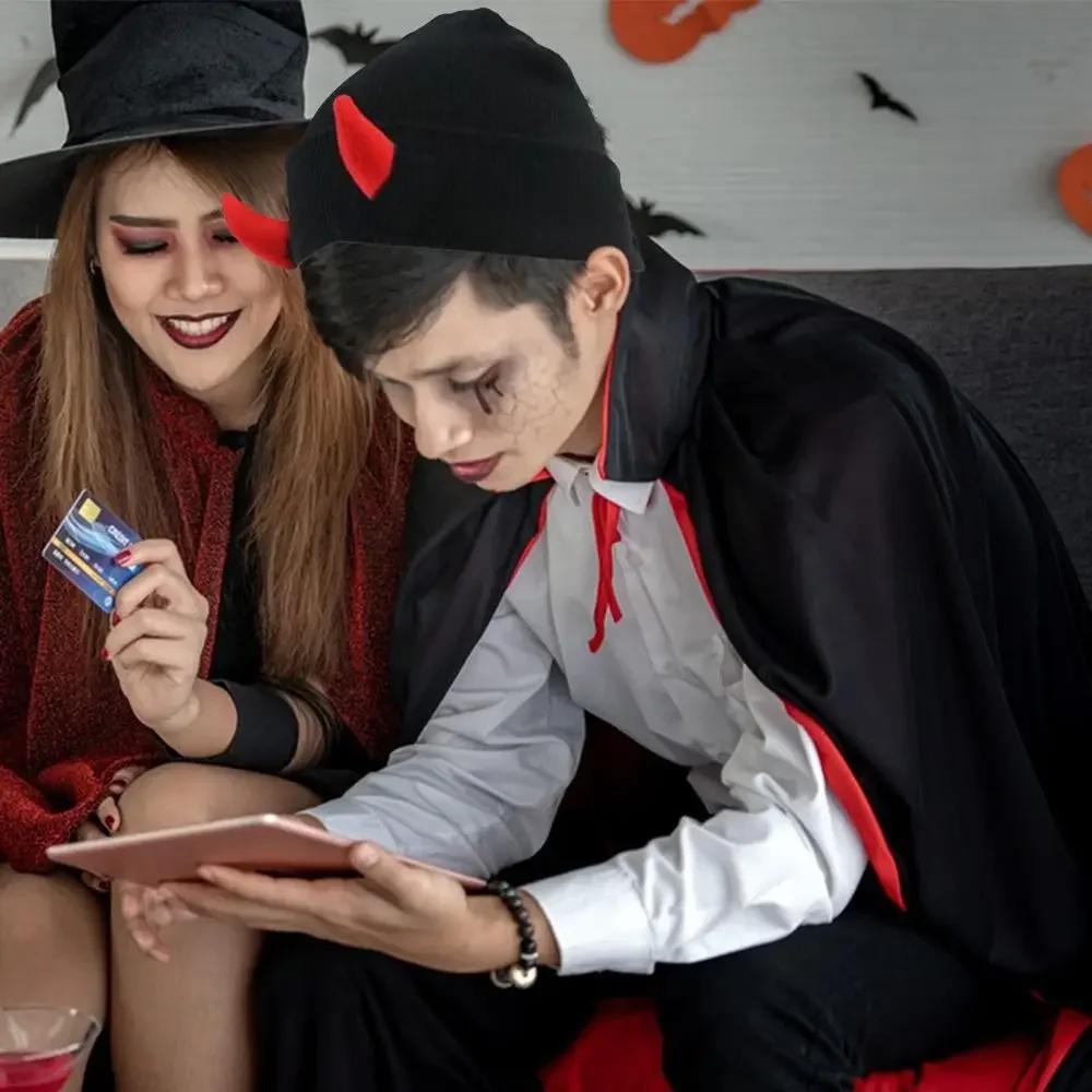 Вязаная шапка-бини с рогами дьявола для взрослых, новинка для женщин и мужчин, кепка с рогами демона на Хэллоуин, зимняя теплая хип-хоп-шапка