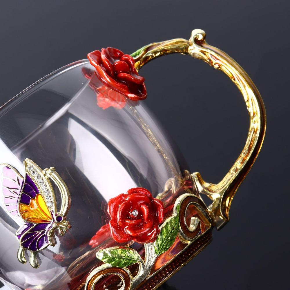 Бытовая стеклянная эмалированная чашка для чая с цветочным узором, прозрачная кофейная чашка, термостойкая, с ложкой, кружка для чая, подарок