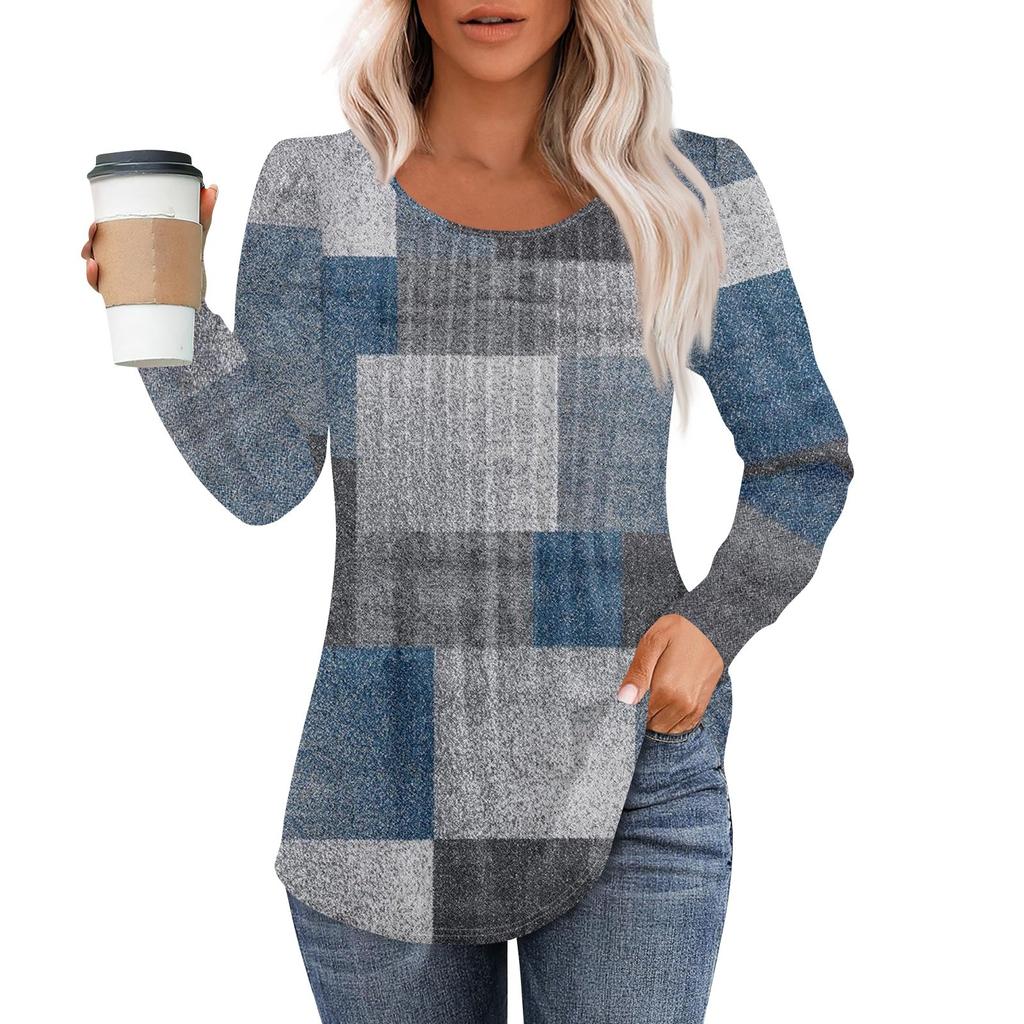 Рубашки с длинным рукавом для женщин, топы, нарядные повседневные блузки, плиссированные топы-туники с круглым вырезом