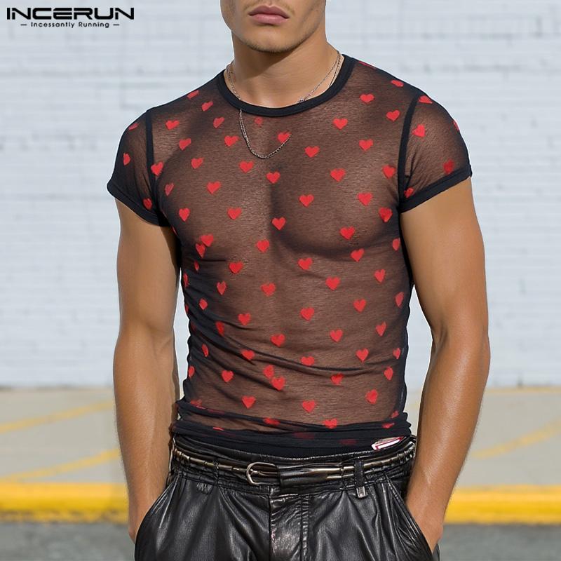 INCERUN Men Short Sleeve Mesh Sheer Print Party Club T-shirts Tee