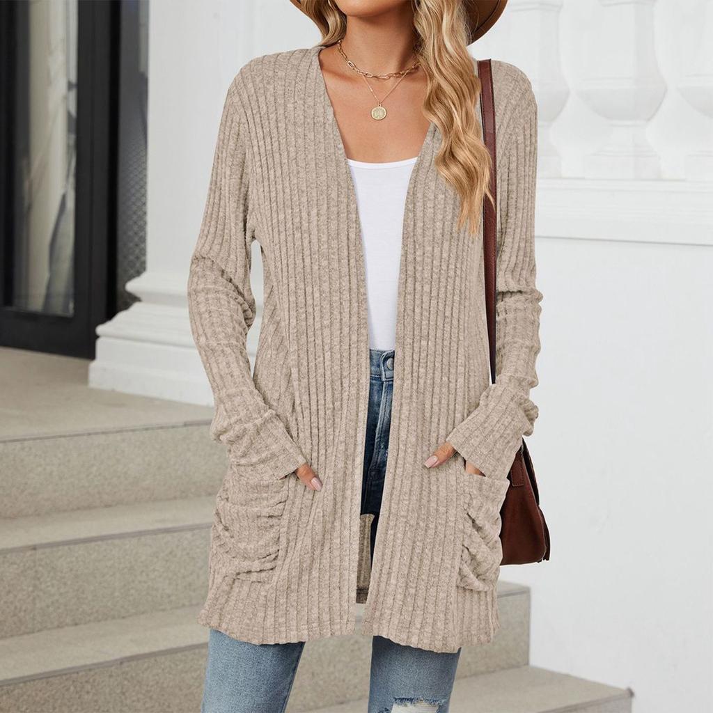 Женская модная повседневная однотонная куртка-кардиган с карманами и длинными рукавами