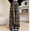 Aozi Velvet Plaid Pants for Women In Autumn and Winter New Thickened Slim and Narrow Version Straight Pants Retro Woolen Plus Velvet Wide-leg Pants