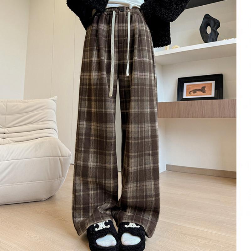 Aozi Velvet Plaid Pants for Women In Autumn and Winter New Thickened Slim and Narrow Version Straight Pants Retro Woolen Plus Velvet Wide-leg Pants