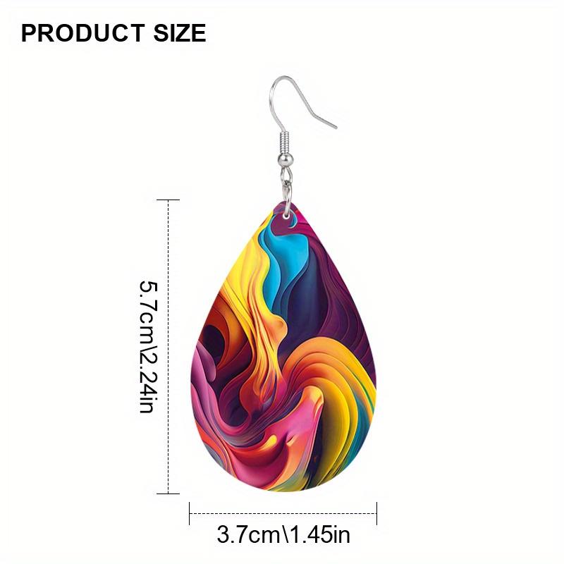 Vibrant Colorful Rendering PU Leather Earrings Abstract Mountain Ribbon Whirlpool Elements Pattern Water Drop Shaped Earrings