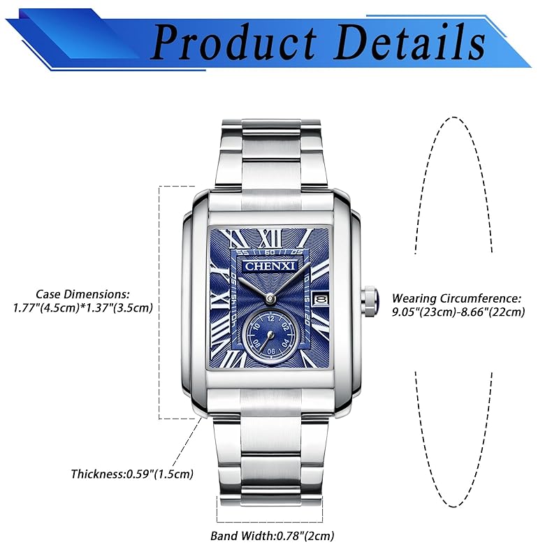 Square Watch Men's 3ATM Waterproof Stainless Steel Belt: Romaji Analog Calendar Quartz Watch Casual Watch Simple Fashionable Silver Fashion