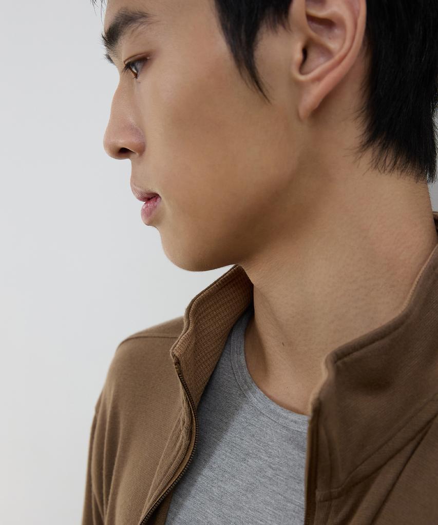 MICHIKO LONDON SPORTS Soft Jersey Layered High-Neck Zip-Up Khaki Brown