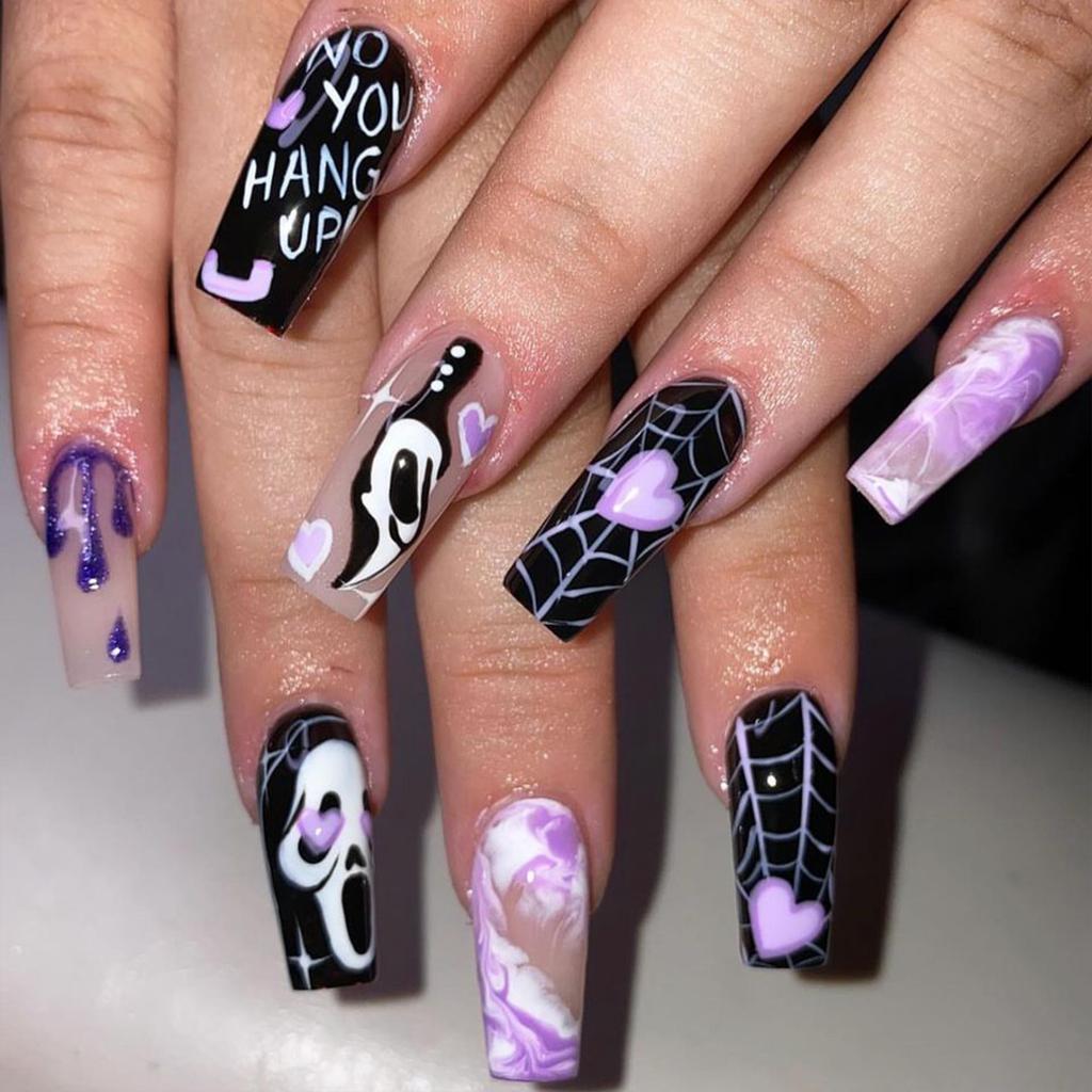 24PCS Black Fake Nails with Mauve Smudging Reusable Long Lasting Press on Nails for Professional Nail Art Salon Supply