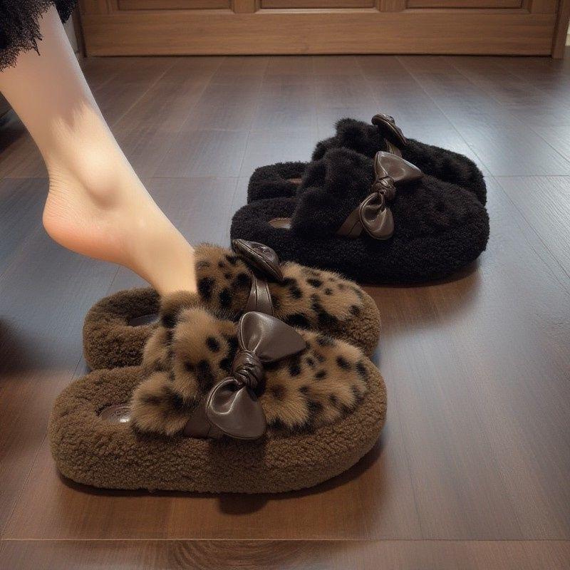 Скинни бант корейская версия полутапочки пушистые толстая подошва хлопковые тапочки увеличивают рост и сохраняют тепло чувство дизайна, одна педаль мешок для головы