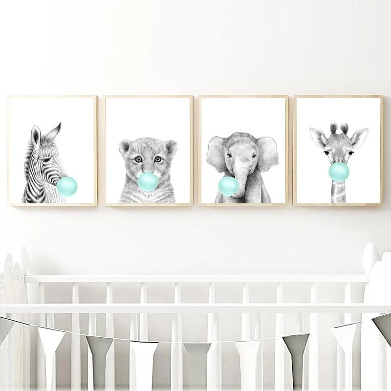 Nordic Kids Room Teal Bubble Elephant Giraffe Child Animal Minimalist Wall Art Print Canvas Painting Posters for Home Decor