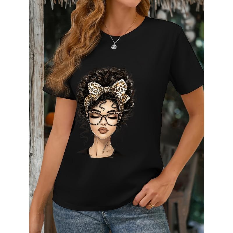 Женская повседневная футболка европейского размера с модным принтом кудрявых волос и леопардовым бантом, подходит для повседневной одежды весной, летом и осенью