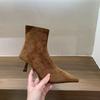 Женские туфли, короткие ботильоны хаки из замши на высоком каблуке с острым носком, новая весенне-осенняя одиночная обувь, корейские маленькие ботильоны