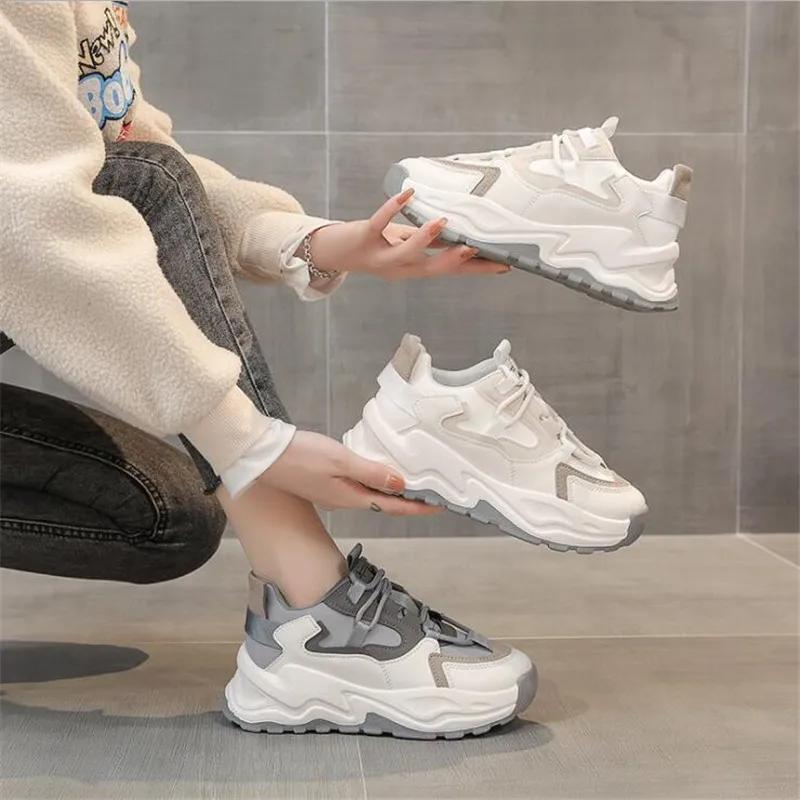 Newly Arrived Thick Sole Comfortable Round Toe Sneakers Casual Gray Brown Running Shoes Spring and Autumn Women's Shoes
