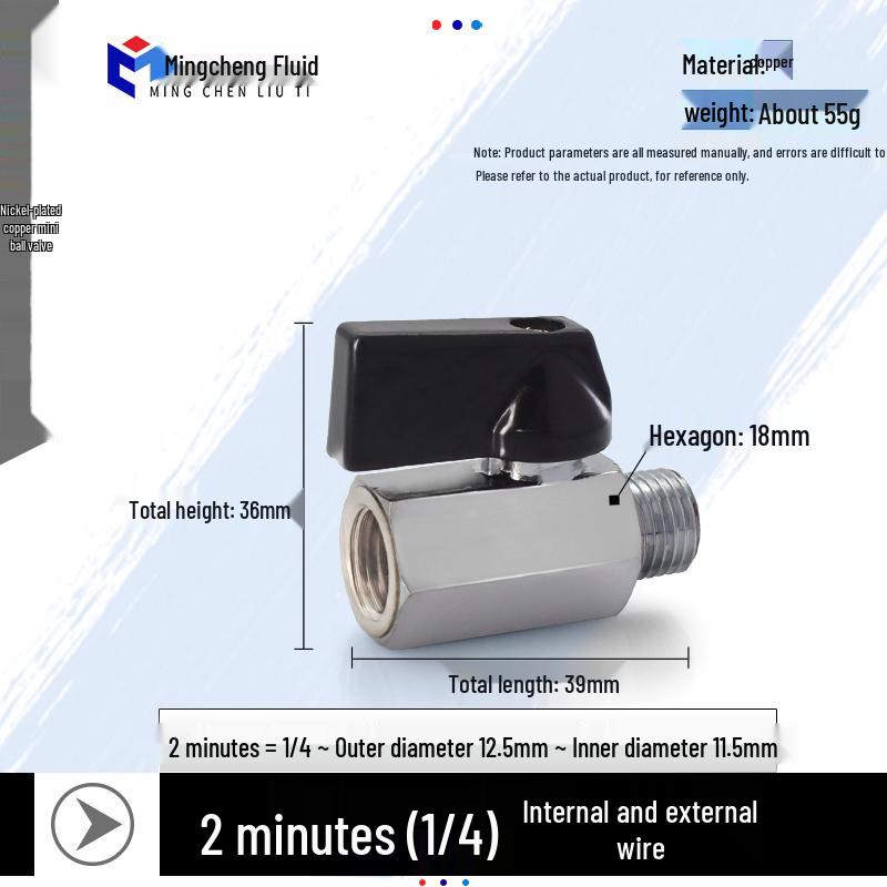 Compact Ball Valve with Double Male/Female Thread, Sizes 1/4", 3/8", 1/2", Pneumatic Polished Electroplated Switch Valve Accessory.
