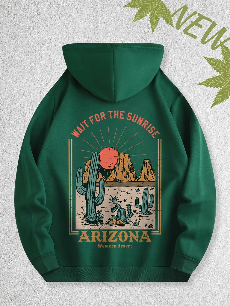 Men's Loose Trendy Hooded Sweatshirt with Arizona Desert Print, Fall/winter Casual Daily Pullover Hooded Sports Shirt.