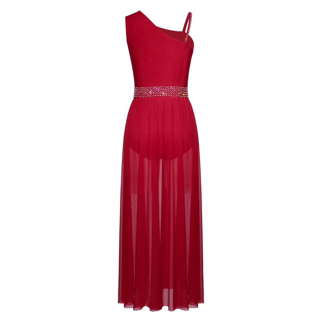 Прозрачное сетчатое платье для лирического танца женское без рукавов с высоким разрезом асимметричное плечо блестящие стразы