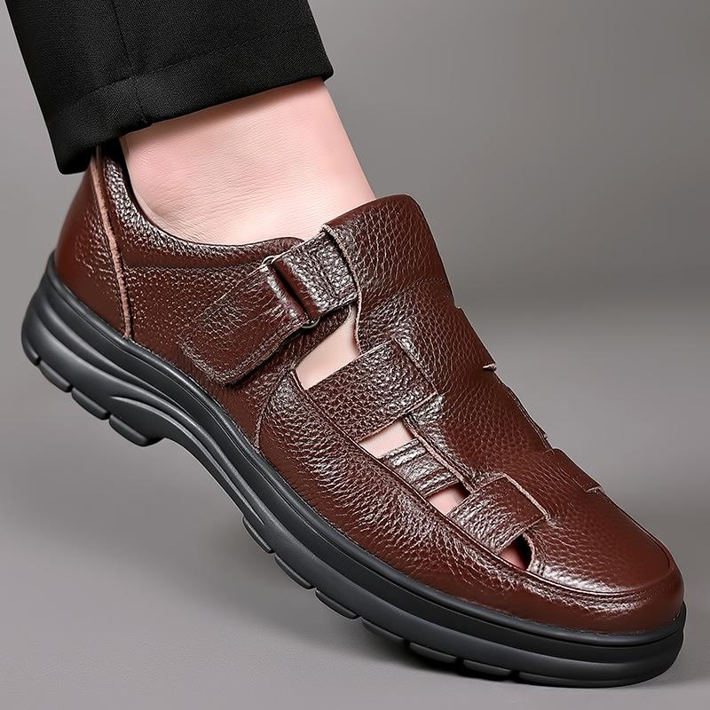 2025 Summer Casual Men's Hollow Hole Shoes Velcro Sandals Middle-aged and Elderly Soft-soled Lightweight Breathable Walking Shoes