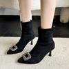 Fashion 2025 New Fine Heel Cotton Boots Women's Pointed Rhine-drill Buckle Sleeve Anti-slip Wear-resistant Short Boots