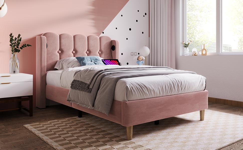 Upholstered Bed Single Bed with USB Type C Charging Function, Bed Frame with Slatted Frame, in Pink, 90 x 200 cm Youth Bed - Velvet (With Mattress)