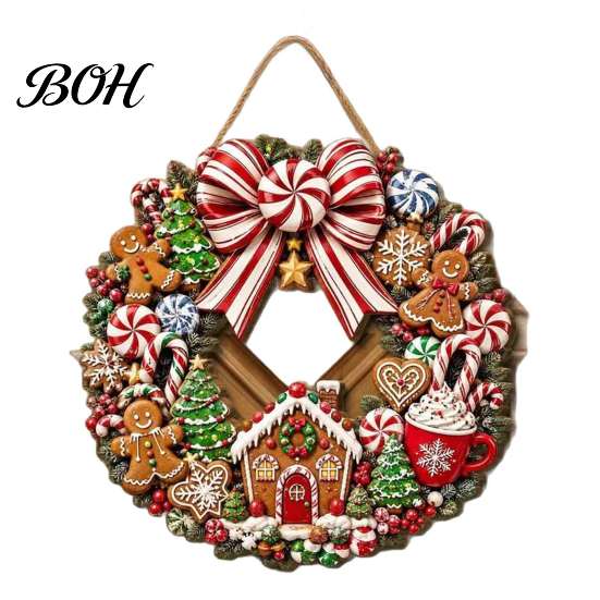 Retro Holiday Porch Decoration Gingerbread Man Wreath Wooden Sign for Front Door, Christmas Hanging Plaque with Seasonal Festive Entryway Candy