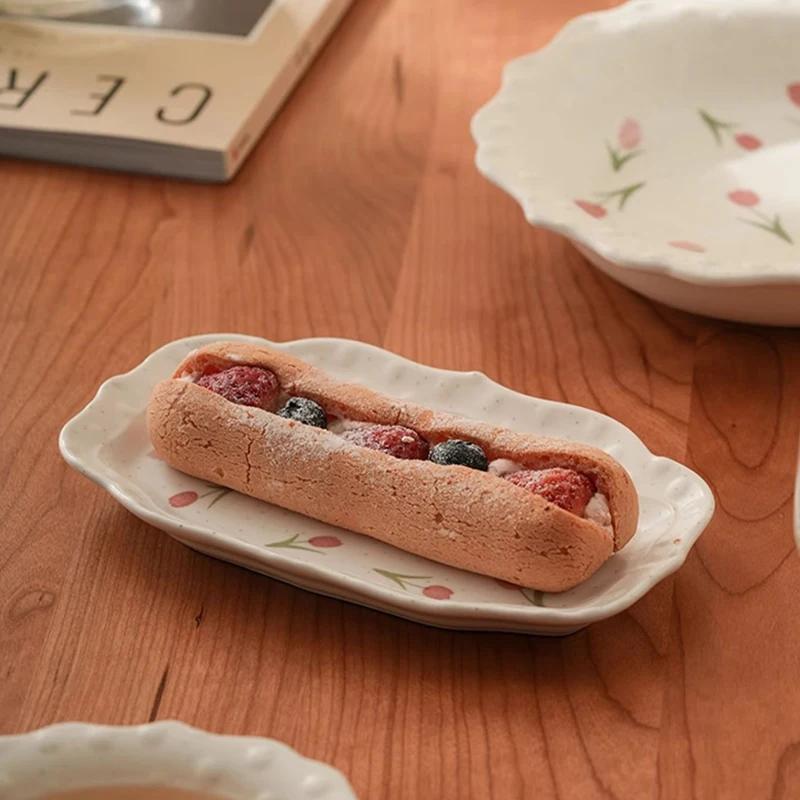 Креативная милая керамическая тарелка в виде тюльпана, легкая, роскошная, ресторанная, изысканная, глубокая тарелка для домашнего чаепития, десерта, фруктов