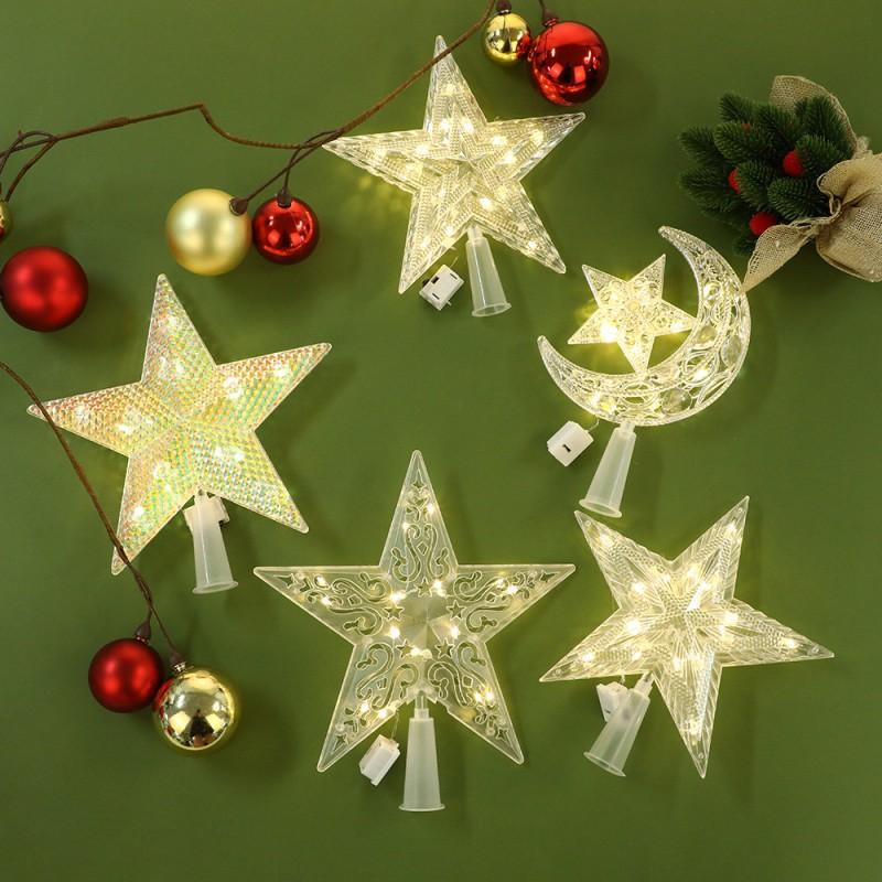 LED Christmas Tree Topper Star Moon Ornament Hollow Cutout Light Decor Holiday Home Party