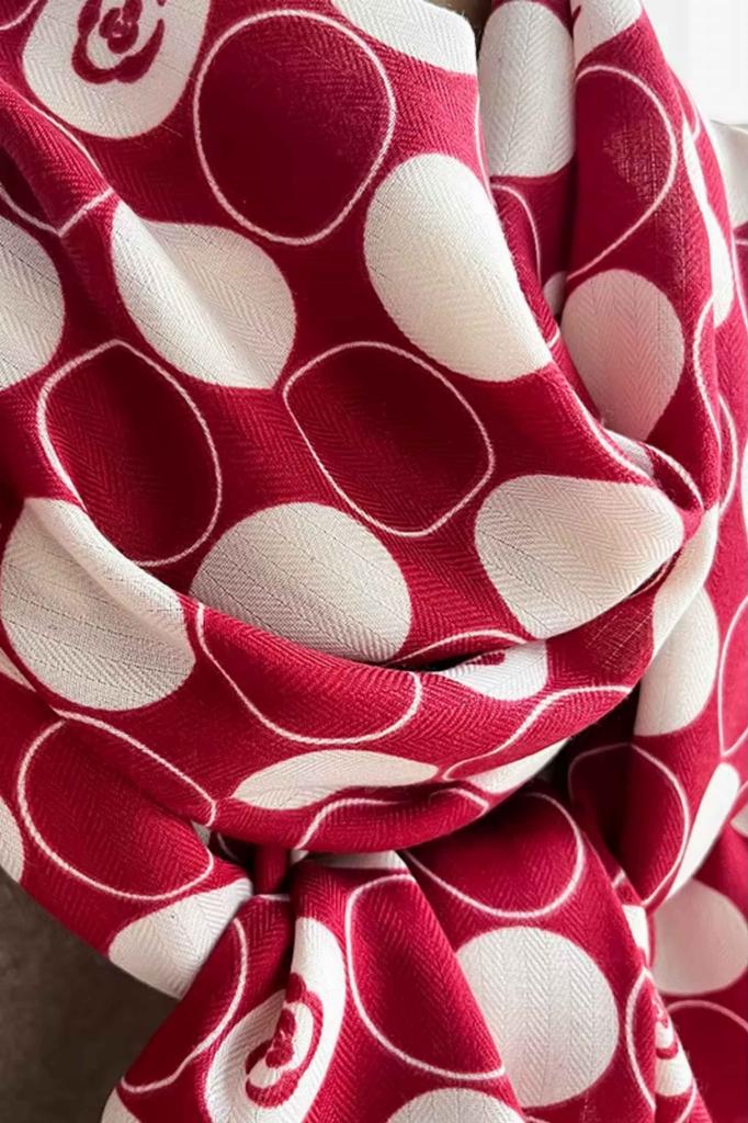 Red and White Polka Dot Scarf with Floral Pattern - 100% Viscose, 178X66