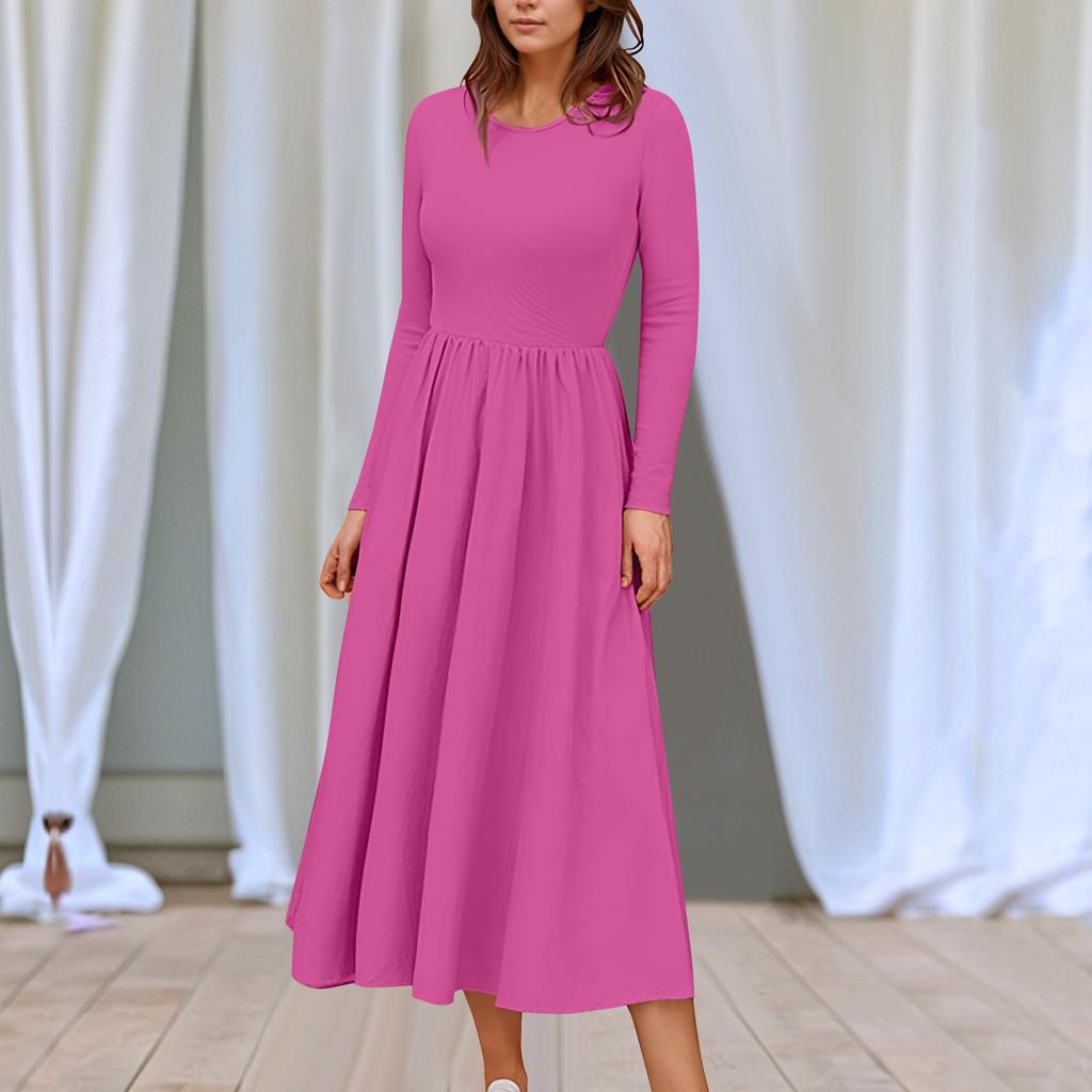 Women's Solid Color Midi Boho Dress Casual Long Sleeve Flowy Smocked Dresses With Pocket Summer And Spring
