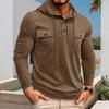 Fall Spring Men Top Drawstring Chest Pockets Buttoned Hooded Long Sleeves Pure
