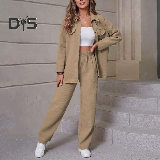 2 Pcs/Set Fall Spring Women Shirt Pants Set Long Sleeves Lapel Button-down Blouse with Chest Pocket Elastic Waist Trousers OL Commuting Sport