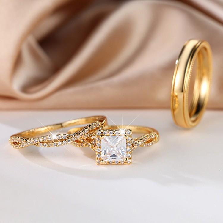 Трехэлементный набор колец Rose Gold с бриллиантами, цирконием, полностью бриллиантовый, женское парное кольцо, мужское кольцо
