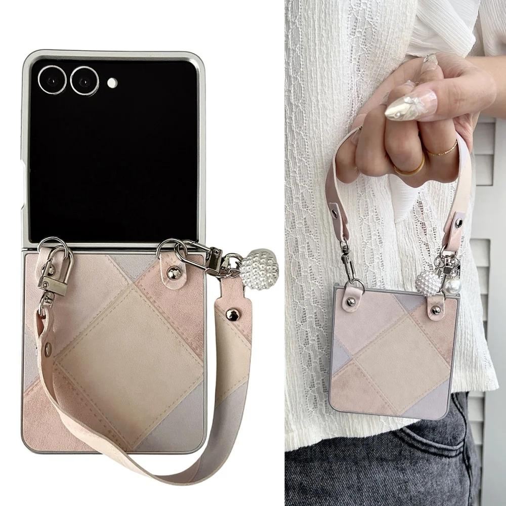 Fusion Business Sle Bla Color Collision Ремешок-браслет Кожаный чехол для телефона для Samsung Galaxy Z Flip 7 6 5 4 3 Защитная крышка