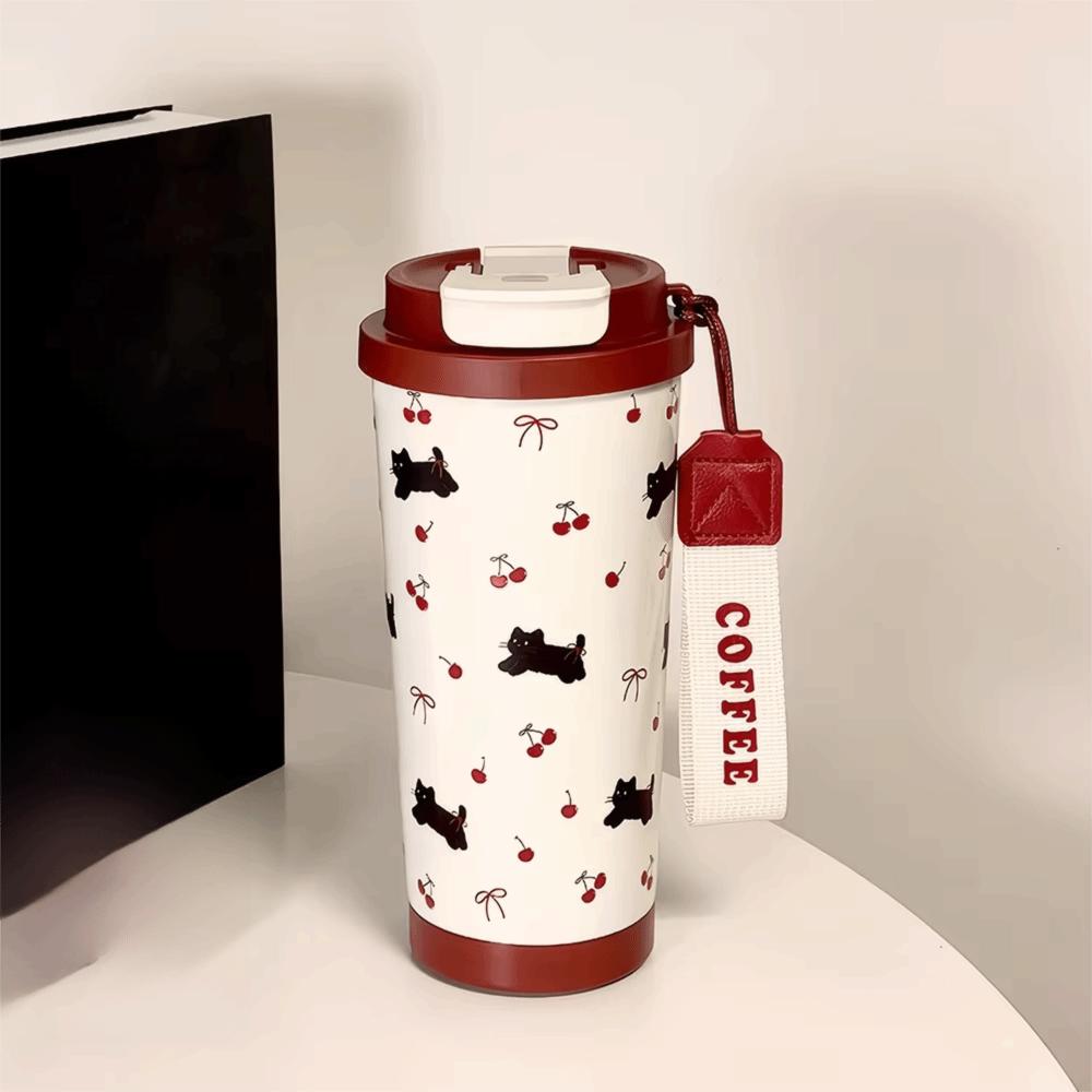 Cartoon Cat Pattern Coffee Cup Leak-Proof Straw Cup Portable Insulated Cup Office