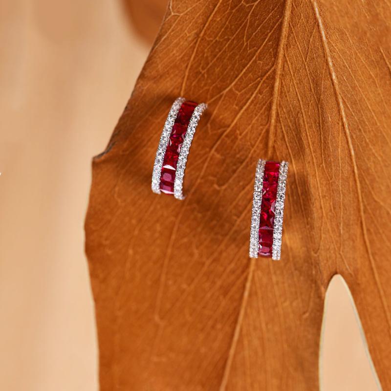 Модные Блестящие Серьги Для Женщин Новинка Инкрустированные Полностью Бриллиантами Красный Драгоценный Камень C-Образные Серьги-Пуссеты Обручальные Украшения