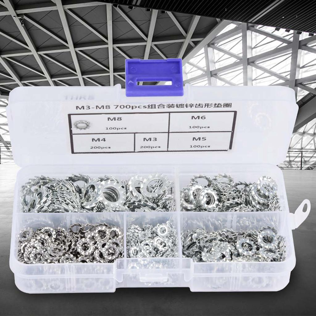 700pcs Galvanized Serrated Toothed Lock Washer Flat Set Fastening Tool M3M4M5M6M8