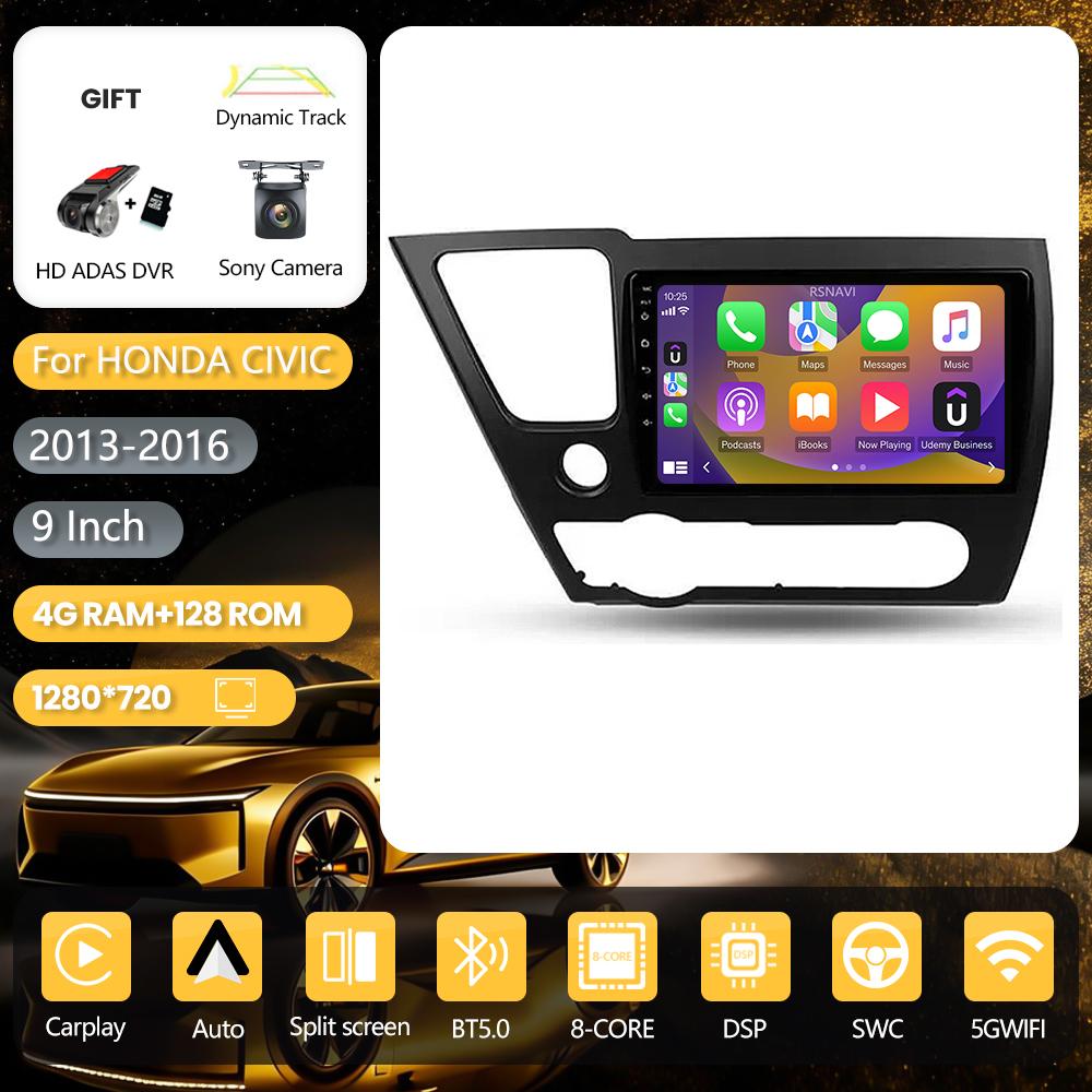 Autoradio multimédia RSNAVI Android 16 pour Honda Civic 9 2013-2016, Carplay, contrôle par application, 2DIN, WiFi+4G