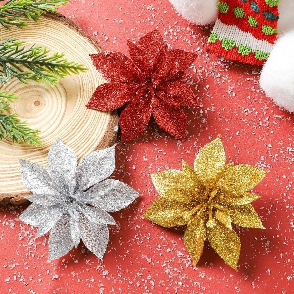 10Pcs Multi-Color Glitter Flower Christmas Tree Decor Christmas Flowers Ornaments Weddings