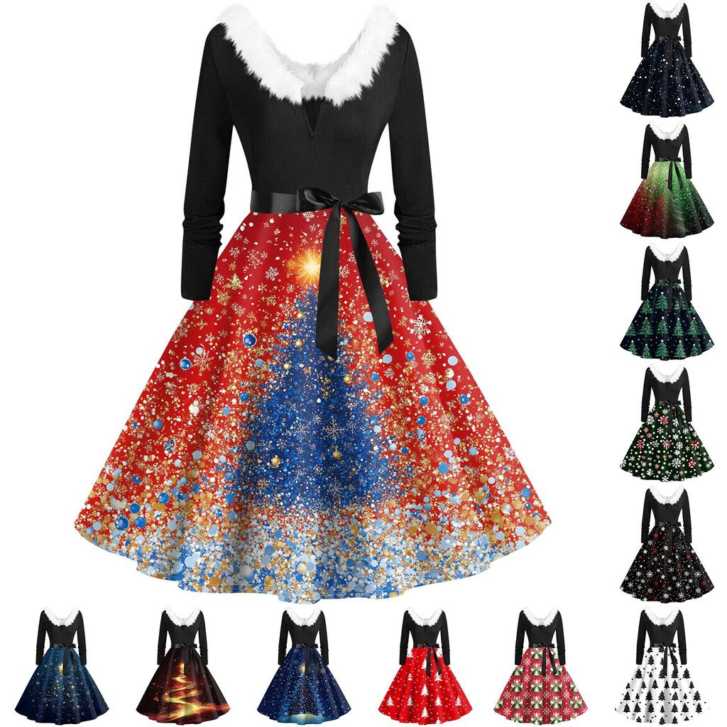 Women's Casual And Fashionable Long Sleeved V-neck Christmas Print Matching Zipper Dress