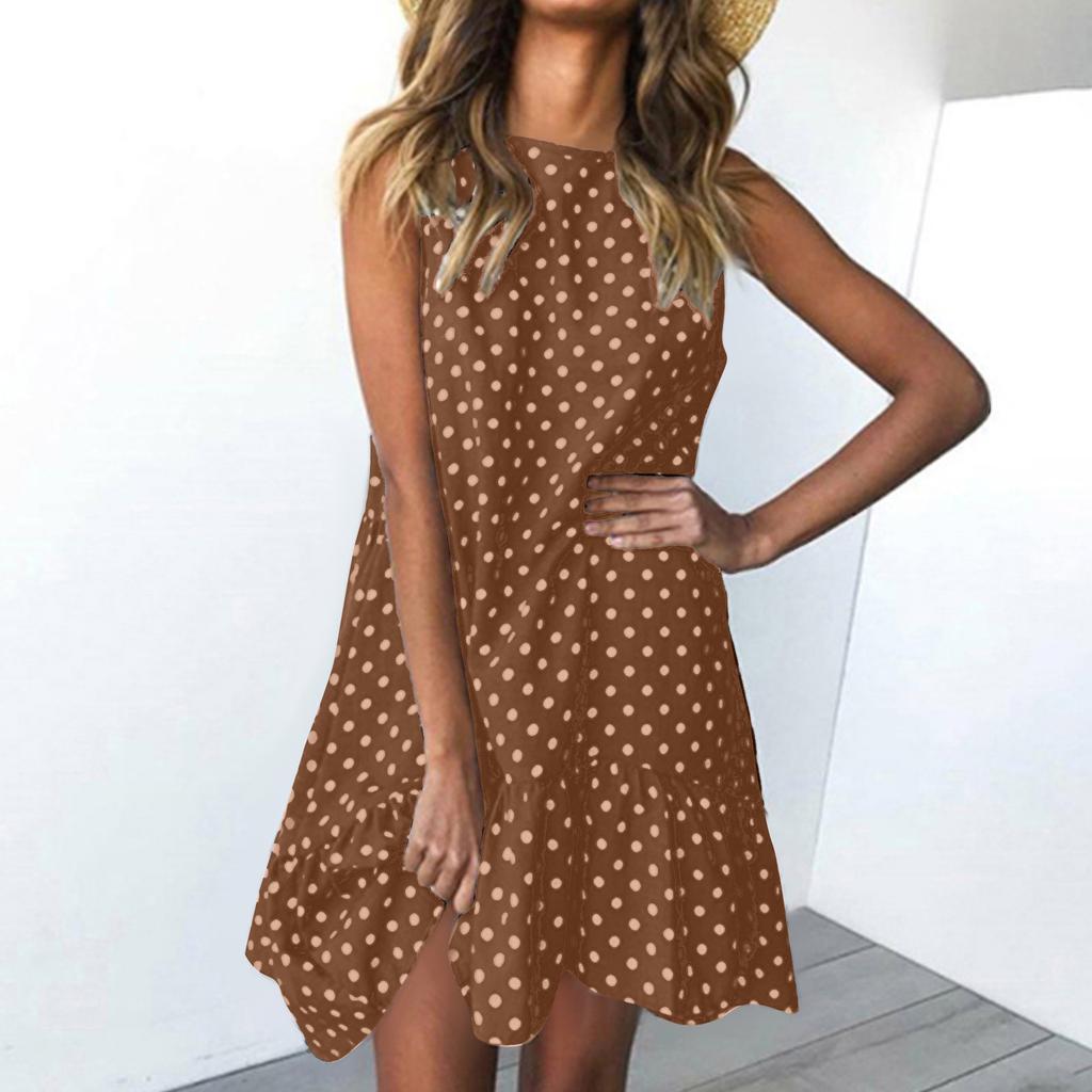 Fashion Women  Sleeveless Polka Dot Loose Casual Ruffle Dress