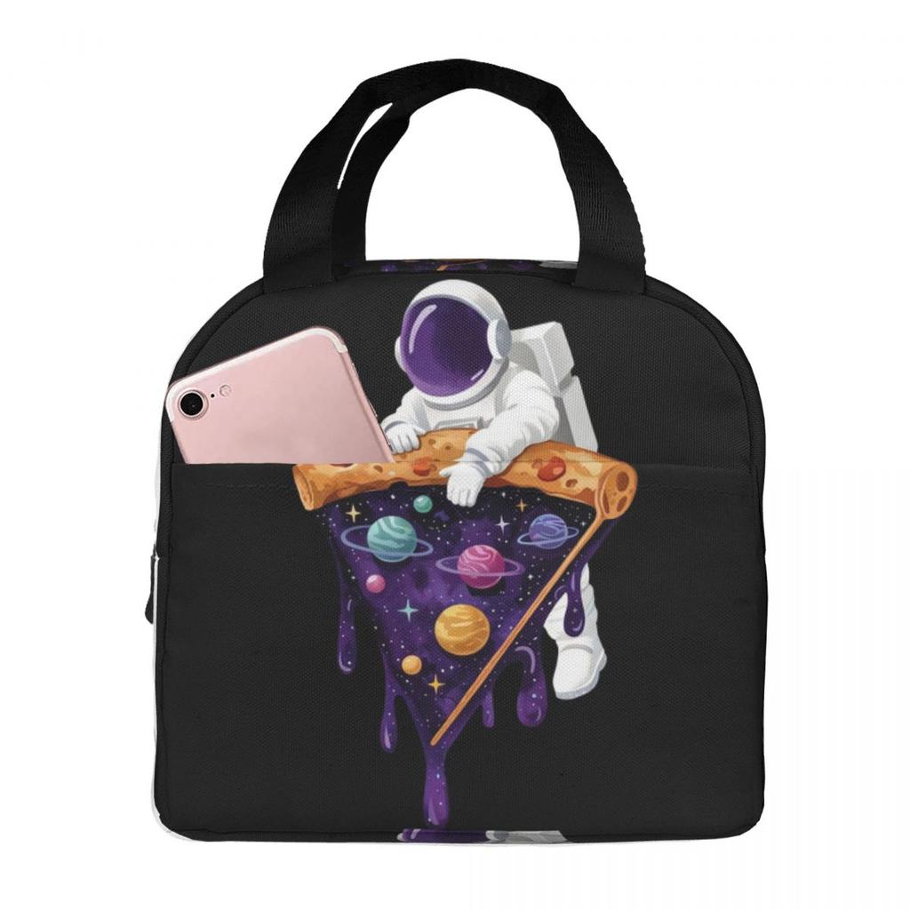 Astronaut With Pizza In Space Cartoon Insulated Lunch Bag for Women Kids Leakproof Food Boxes Thermal Lunch Box Tote