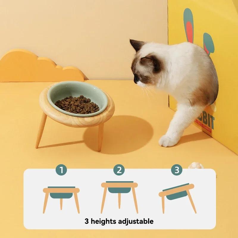 800ml Cat Food Water Bowl with Wood Stand Small Medium Dogs Elevated Drinking Eating Feeder Pet Cat Dog Ceramic Feeding Supplies