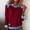 Women's Clothing, Denim Collar Long Sleeved Pullover Spliced Knit Sweater Top