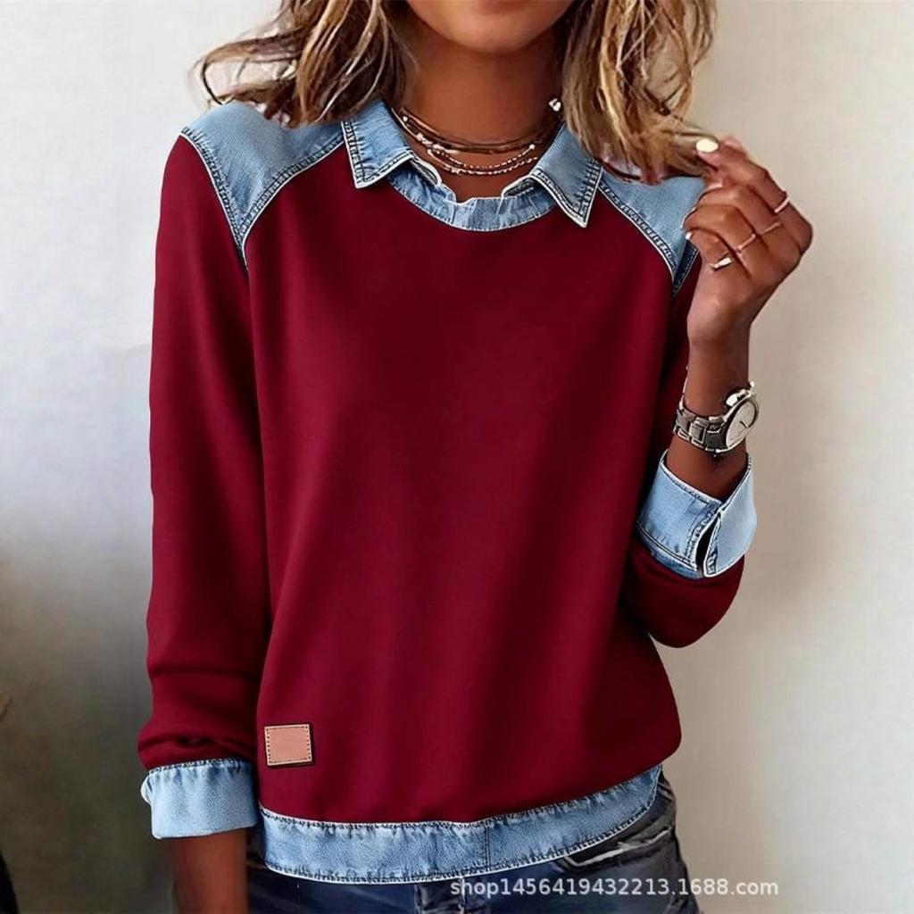 Women's Clothing, Denim Collar Long Sleeved Pullover Spliced Knit Sweater Top