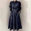 Весна Осень Женские Однобортные Рубашки Платья Пояса Воротник-стойка Корейский Повседневный Прямой Платье Женский