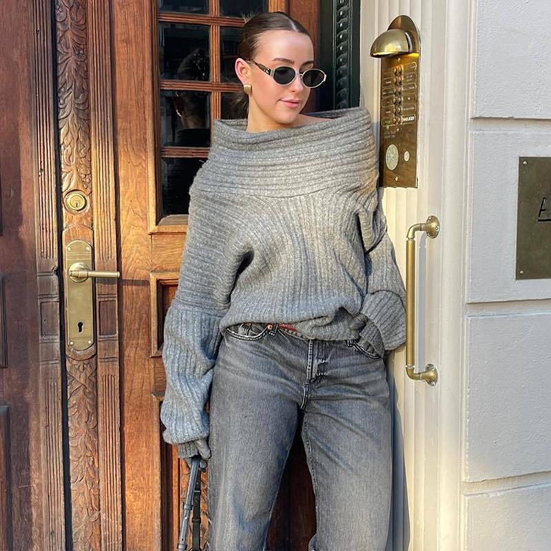 Свитер с открытыми плечами для женщин, осень-зима, свободный, с длинным рукавом, вязаный, женский, уличный, повседневный, большой, топ, пэчворк, свитера для поездок на работу, женские