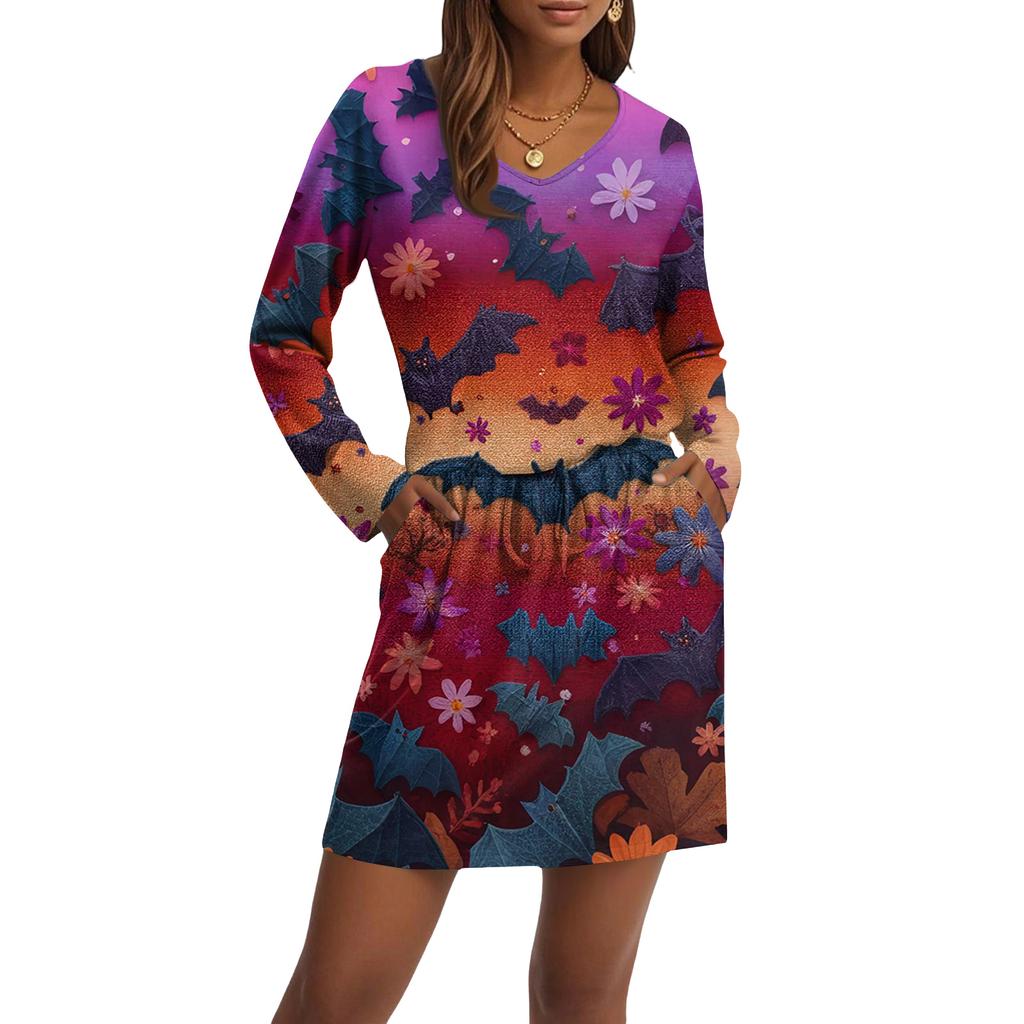 Women's Fashionable V-neck Long Sleeved Drawstring With Pocket Halloween Printed Casual Dress