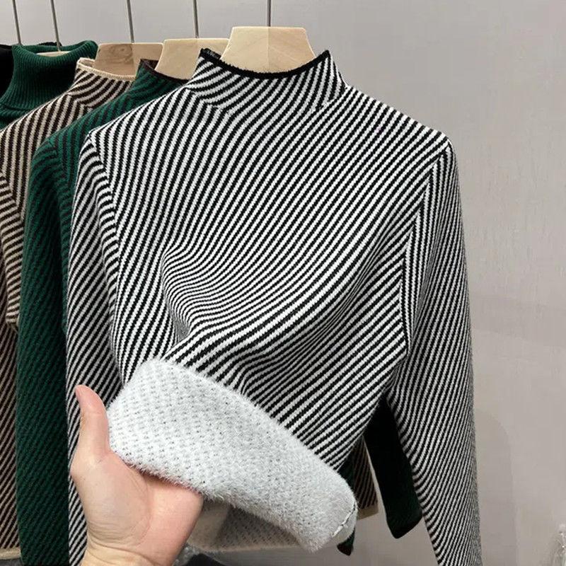 Бархатный полосатый свитер с полувысоким воротом и добавлением бархата. Женская высококачественная базовая рубашка на осень и зиму. Толстый вязаный свитер.